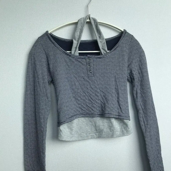 [BUNJANG] Stripe Long Sleeve Halter Neck Layered T-Shirt Navy Gray / 홀터넥 레이어드 스트라이프 긴팔 티셔츠 네이비 그레이