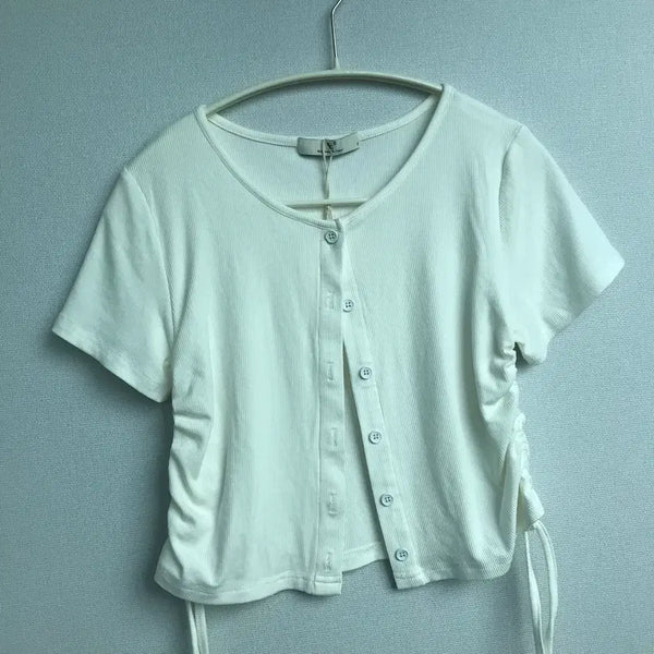 [BUNJANG] White Ribbed Cropped Shirring Cardigan (New) / 화이트 골지 크롭 셔링 가디건 새상품