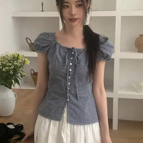 [BUNJANG] Check Puff Short Sleeve Blouse / 에이블리 체크 퍼프 반팔 블라우스