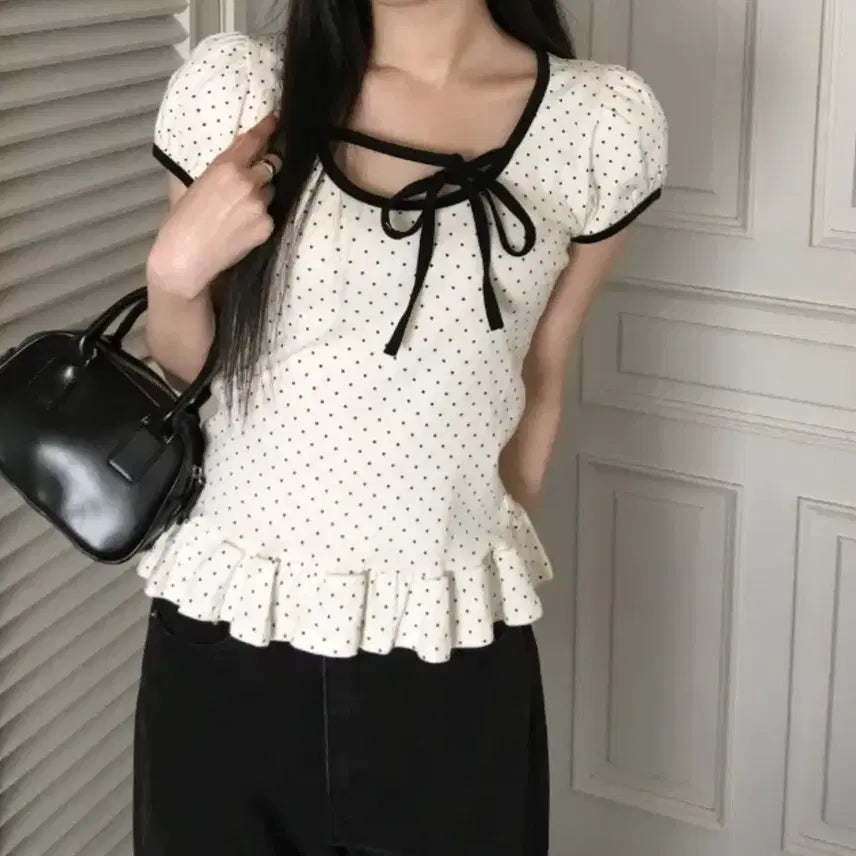 [BUNJANG] Dot Frill Ribbon Blouse / 도트 프릴 리본 블라우스