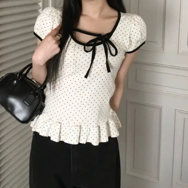 [BUNJANG] Dot Frill Ribbon Blouse / 도트 프릴 리본 블라우스