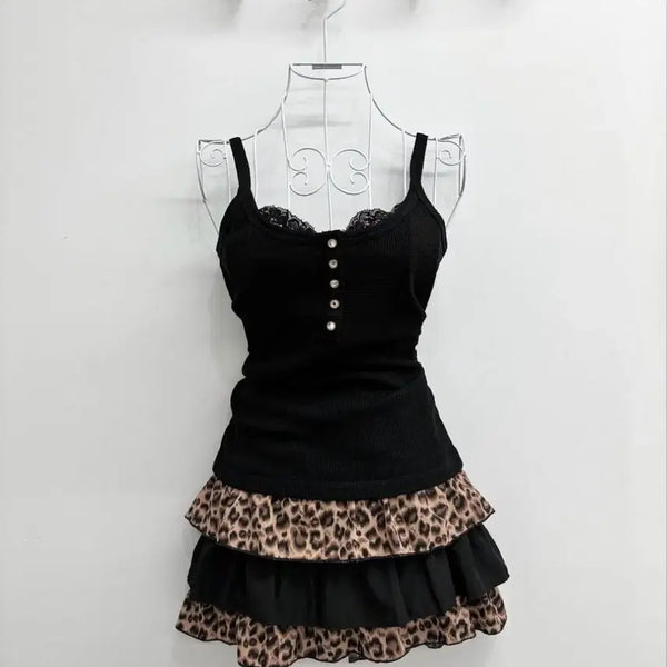 [BUNJANG] Leopard Lace Camisole and Skirt Set / 오네갸루 레오파드 레이스 나시+스커트 세트 베메클 갸루