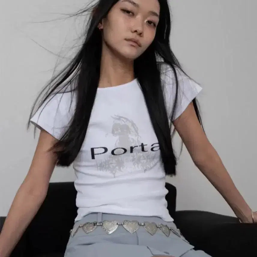 [BUNJANG] The Porta Ribbed Slim U Neck Short Sleeve Top Charcoal / 더포르타 반팔