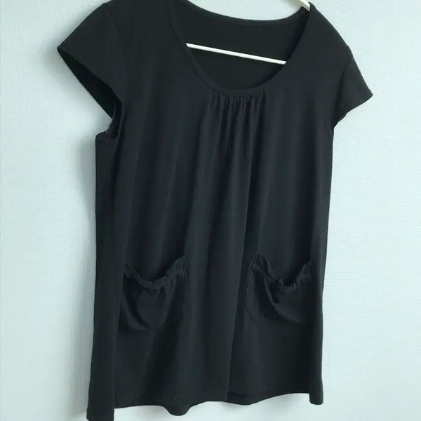 [BUNJANG] Swinging Seoul Shirring Neck Pocket Short Sleeve T-Shirt Black Mori Girl / 스윙잉서울 셔링넥 포켓 반팔 티셔츠 블랙 모리걸