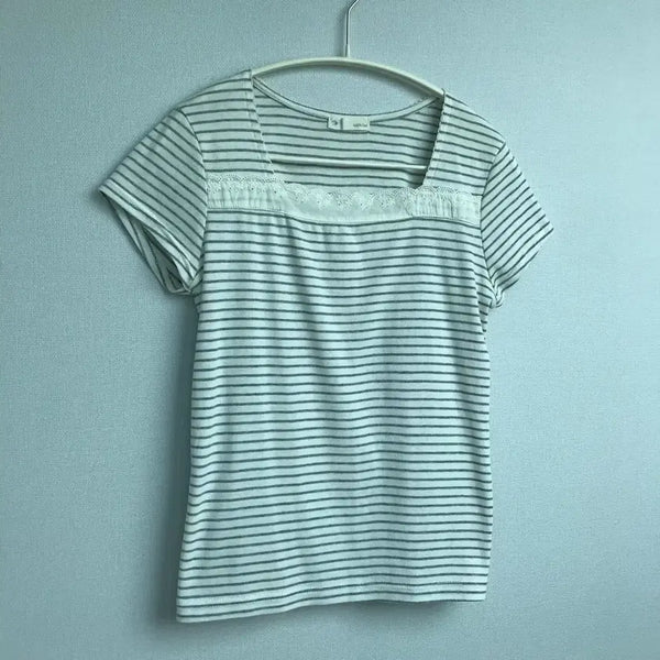 [BUNJANG] Stripe Lace Short Sleeve T-Shirt Gray Mori Girl Style / 스트라이프 레이스 반팔 티셔츠 그레이 모리걸