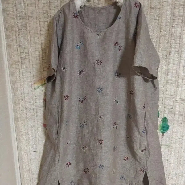 [BUNJANG] Linen Short Sleeve Dress Floral Embroidery / 린넨 반팔 원피스 꽃 자수