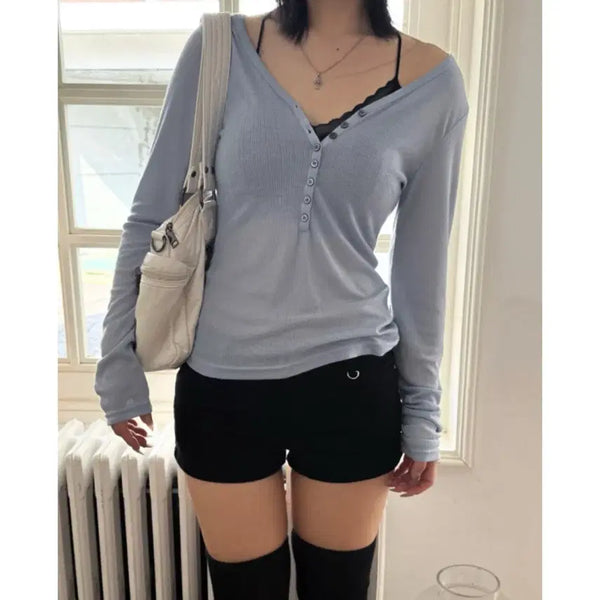 [BUNJANG] EE Lace Long Sleeve T-Shirt Blue / 이즈이즈 레이스 롱 긴팔 티셔츠 블루