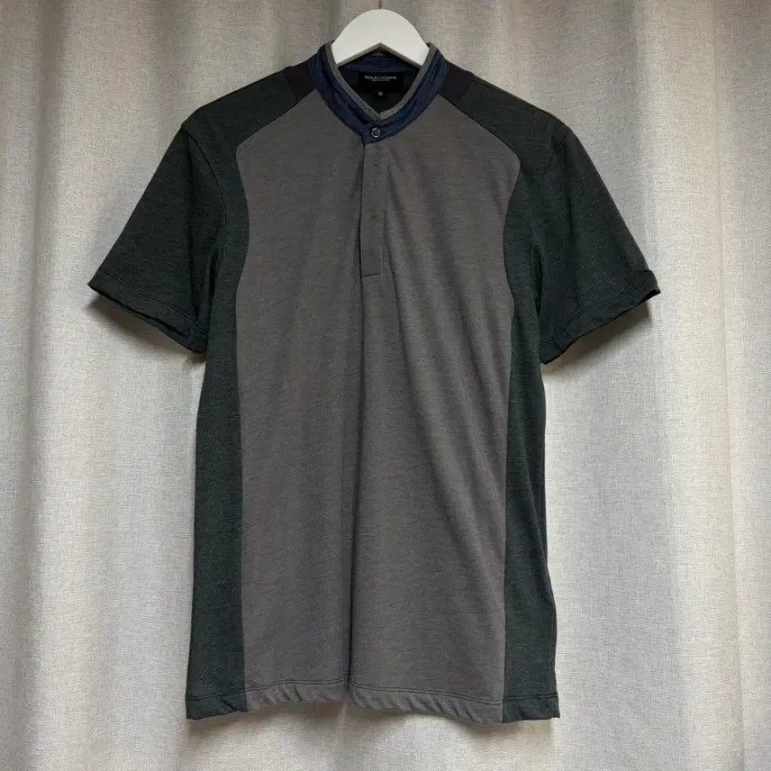 [BUNJANG] Solid Homme Color Block Mandarin Collar Short Sleeve T-Shirt Grey / 솔리드옴므 우영미 배색 차이나카라 반팔 티셔츠 그레이 95