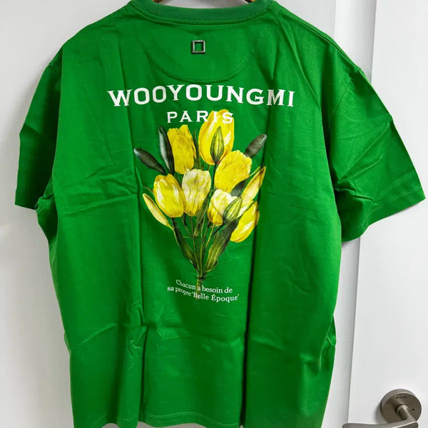 [BUNJANG] Wooyoungmi Flower Print Back Logo T-Shirt Green Size 50 / 우영미 플라워 프린트 백로고 티셔츠 그린 50사이즈 105 110 반팔티