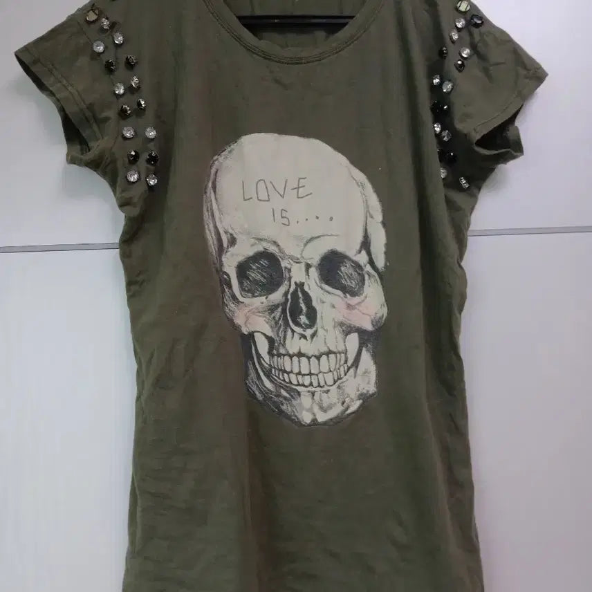 [BUNJANG] Y2K Skull Print Khaki T-Shirt / Y2K해골프린팅 카키티셔츠