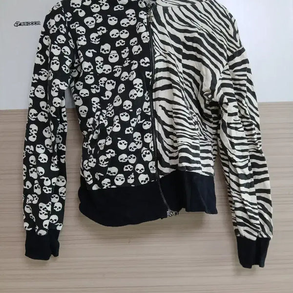 [BUNJANG] Y2K Skull Leopard Zebra Print Zip-Up Hoodie / 해골 호피지브라 무늬 Y2K집업 후드