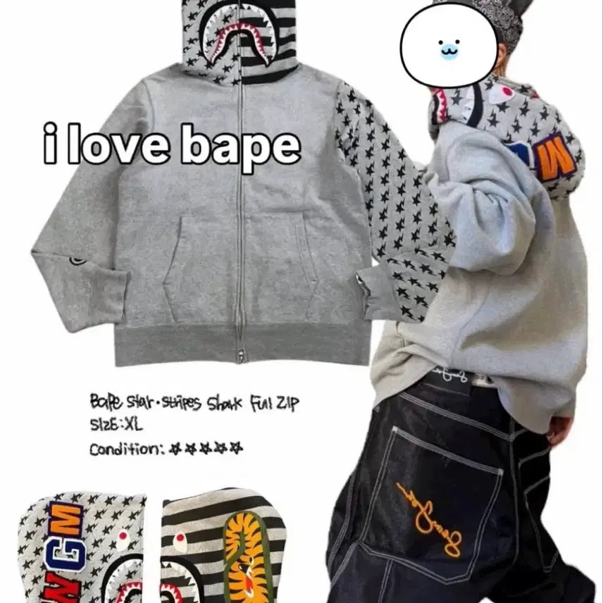 [BUNJANG] BAPE Star Shark Full Zip Hoodie XL Grey / 베이프 스타 샤크 풀집 후드 XL 그레이 급처