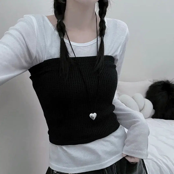 [BUNJANG] Waffle Banded Layered Tube Top (Black) / 와플 밴딩 레이어드 튜브탑(블랙/택포)