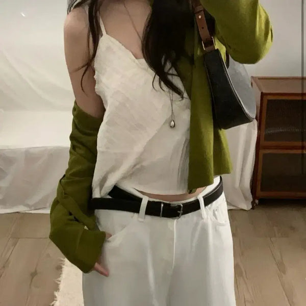 [BUNJANG] V-Neck Wrap Sleeveless Blouse (White / Brown) / (화이트 / 브라운) 브이넥 랩 나시 블라우스