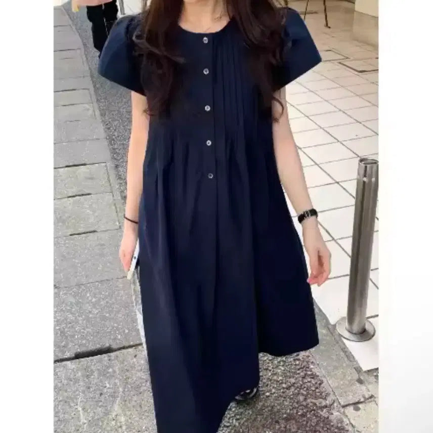 [BUNJANG] Puff Sleeve Long Summer Dress / 소매 퍼프 반팔 여름 롱원피스 체형보정 러블리 44 55 66 프리사이즈