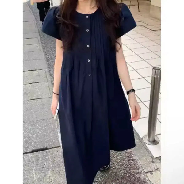 [BUNJANG] Puff Sleeve Long Summer Dress / 소매 퍼프 반팔 여름 롱원피스 체형보정 러블리 44 55 66 프리사이즈