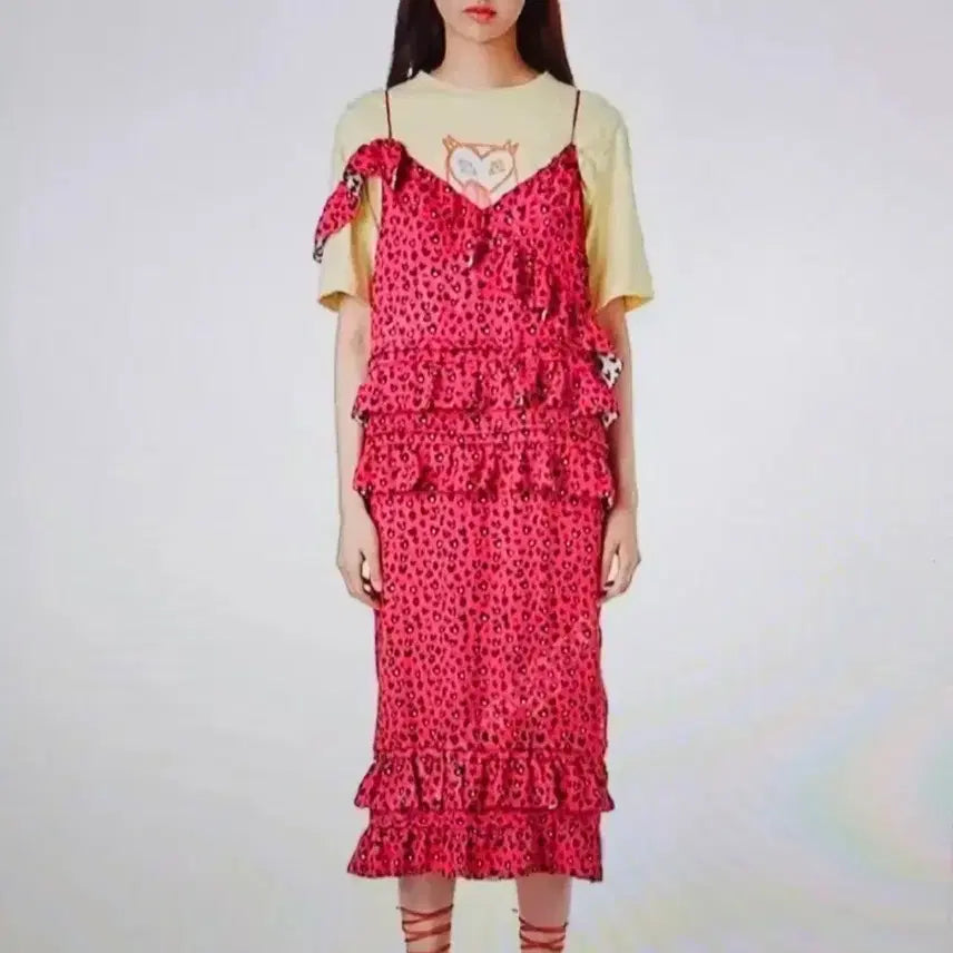 [BUNJANG] Lucky Chouette Leopard Heart Tiered Long Dress / 럭키슈에뜨 레오파드 캉캉 롱원피스  럭키슈에뜨원피스