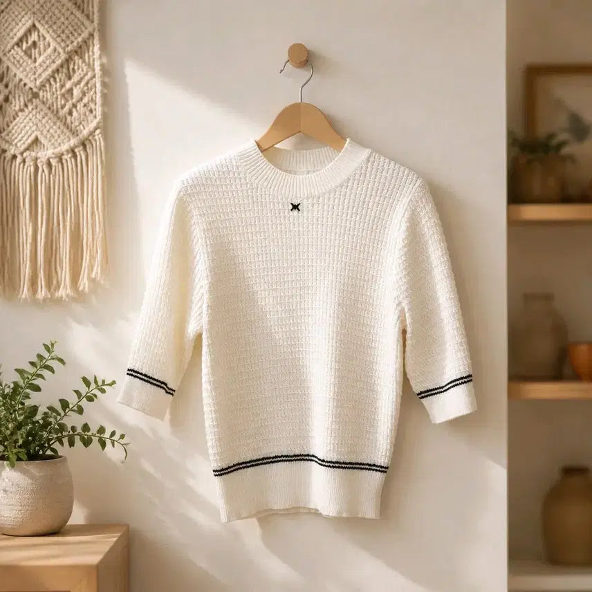 [BUNJANG] MOJO.S.FINE Color Block Half Sleeve Knit M Size / 모조에스핀 2023 배색 포인트 하프 슬리브 니트 M사이즈