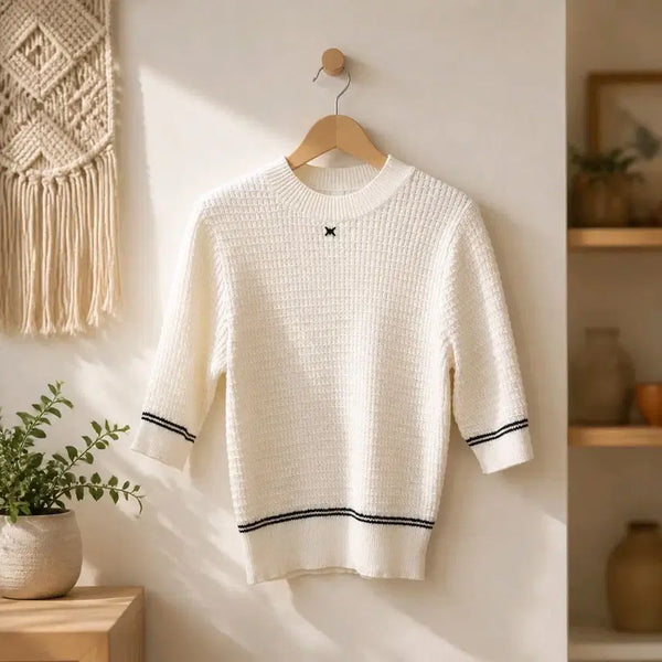[BUNJANG] MOJO.S.FINE Color Block Half Sleeve Knit M Size / 모조에스핀 2023 배색 포인트 하프 슬리브 니트 M사이즈