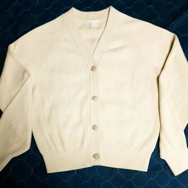 [BUNJANG] COS V-Neck Cropped Boucle Stretch Cotton Cardigan Beige (S) / COS 브이넥 크롭 부클레 스트레치 코튼 가디건 베이지 (S)