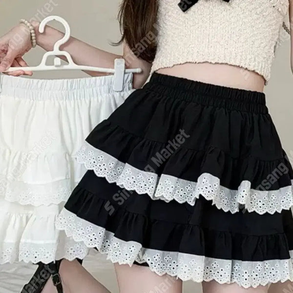 [BUNJANG] Lace Frill Tiered Mini Skirt with Built-in Shorts / (새상품)레이스 프릴 캉캉 미니스커트(속바지)