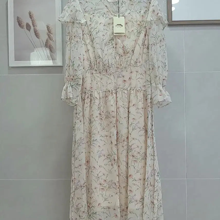 [BUNJANG] ENC Floral Chiffon Midi Dress Ivory / enc 플로럴 쉬폰 원피스 아이보리