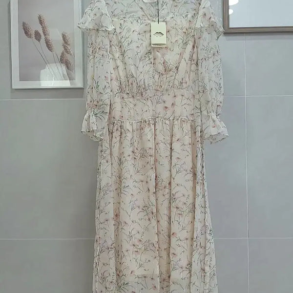 [BUNJANG] ENC Floral Chiffon Midi Dress Ivory / enc 플로럴 쉬폰 원피스 아이보리