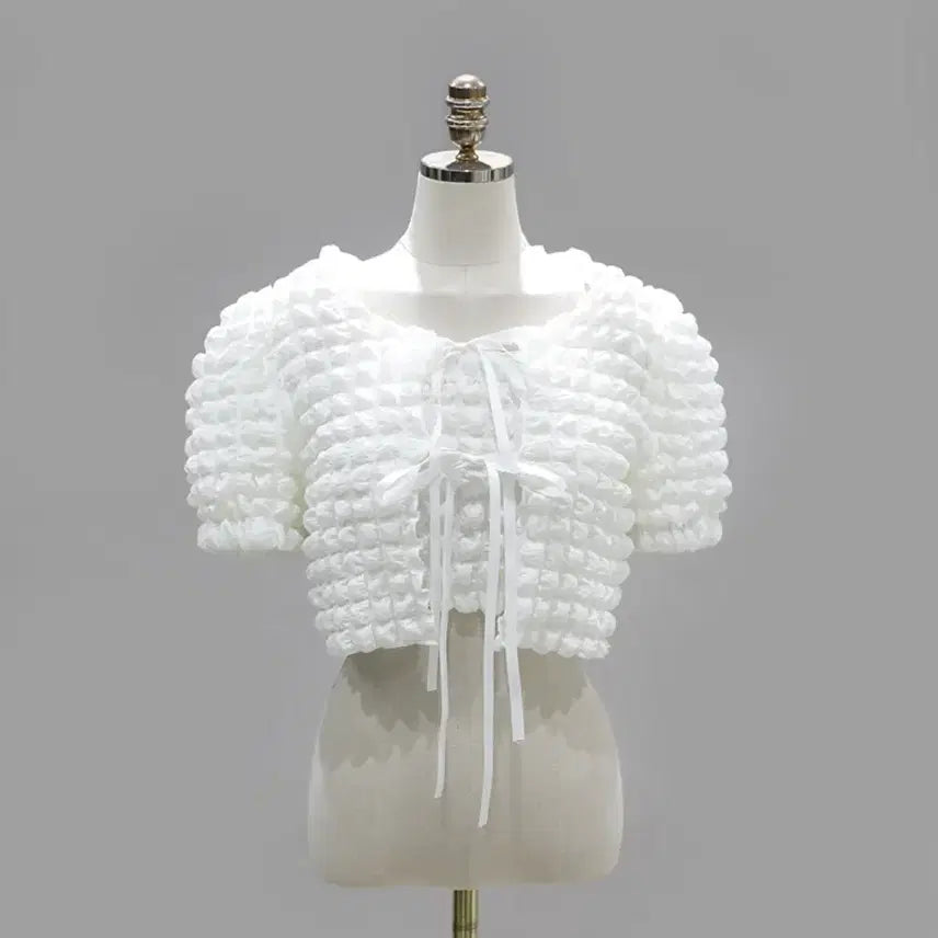 [BUNJANG] Embossed Quilted Puff Crop Tube Top & Cardigan Set / (흰/검) 엠보싱 퀄팅 퍼프 크롭 튜브탑 & 가디건 세트