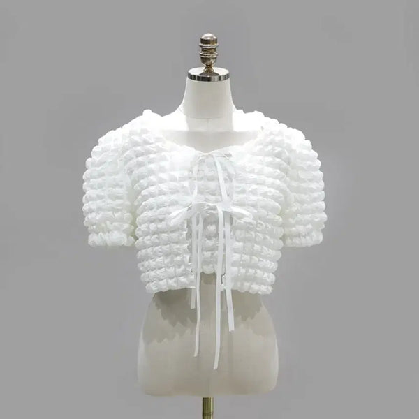 [BUNJANG] Embossed Quilted Puff Crop Tube Top & Cardigan Set / (흰/검) 엠보싱 퀄팅 퍼프 크롭 튜브탑 & 가디건 세트