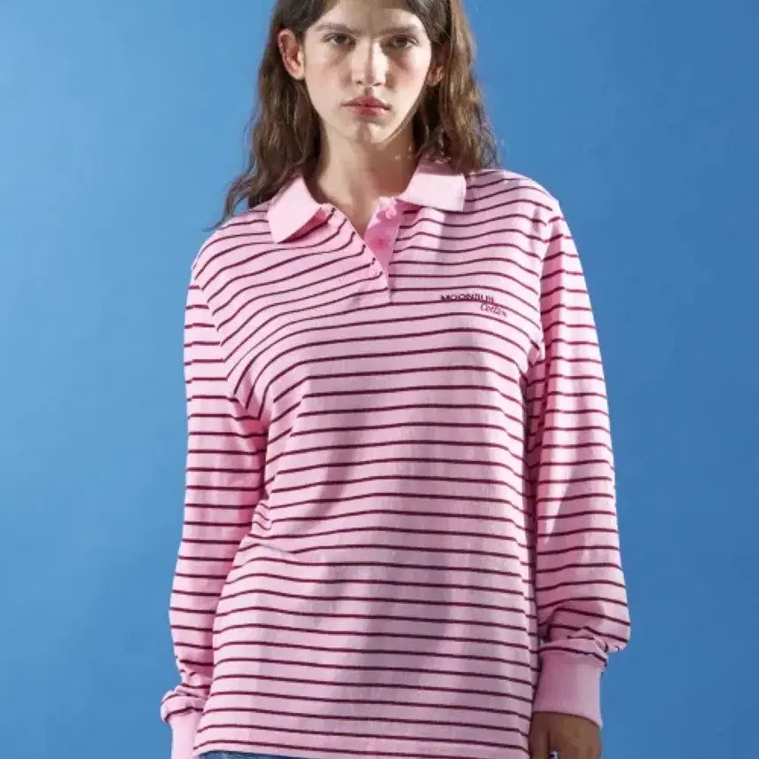 [BUNJANG] Munseon Stripe Pink Collar Long Sleeve T-Shirt / 문선 스트라이프 pk 카라티 롱슬리브