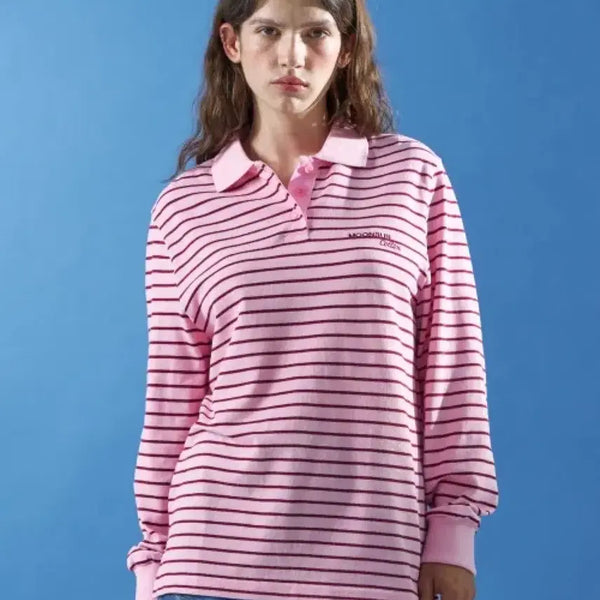 [BUNJANG] Munseon Stripe Pink Collar Long Sleeve T-Shirt / 문선 스트라이프 pk 카라티 롱슬리브
