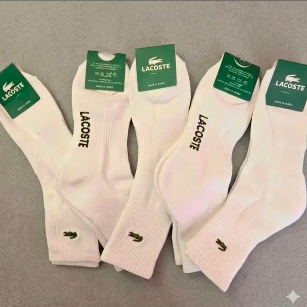 [BUNJANG] Lacoste Mid-Calf Double Cushion Socks - 5 Pairs, White / 라코스테 중목 이중쿠션 양말 5족 화이트 무료배송