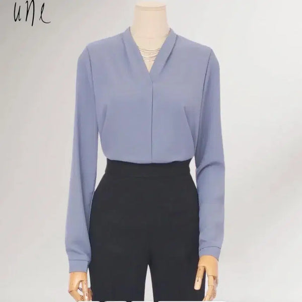 [BUNJANG] UNE Chic V-Neck Modern Blouse - Grey / [택있는새제품] 정가 11만8천원 une 시크 브이넥 모던블라우스 그레이