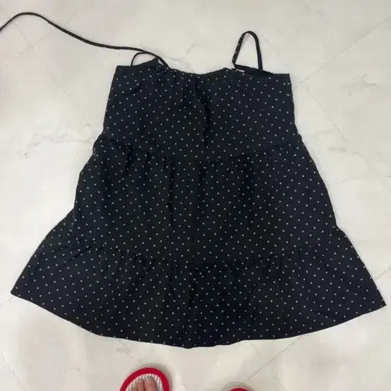 [BUNJANG] Black Dotted Spaghetti Strap Mini Dress / 블랙 도트 끈 나시 원피스