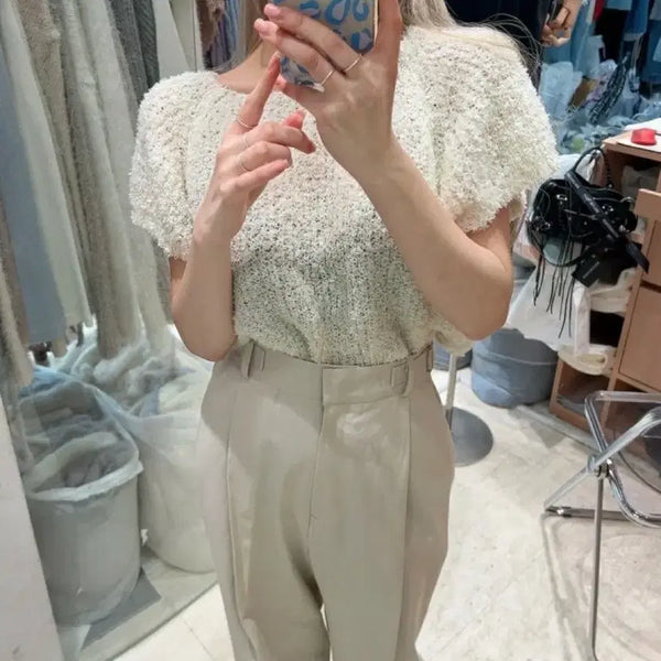 [BUNJANG] Buchel Crop Short Sleeve T-Shirt (Ivory/Sky Blue) / 새상품)부클 크롭 반팔티(아이보리/소라)