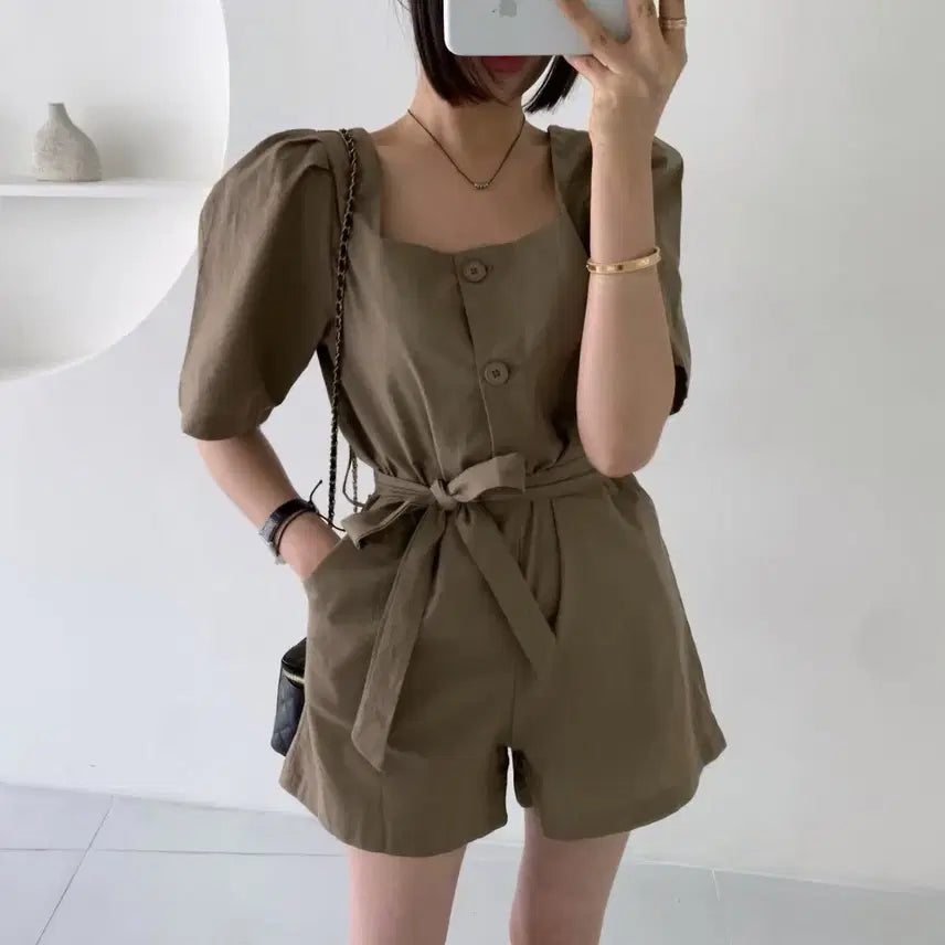 [BUNJANG] Puff Sleeve Jumpsuit / 퍼프 소매 반팔 점프수트