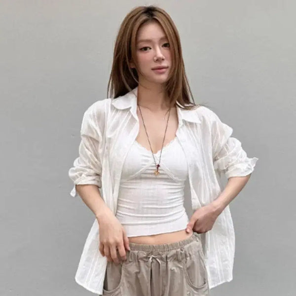 [BUNJANG] COI Lace Camisole Tank Top & Crochet Loose Fit Shirt / *새상품*  코이 레이스 캡 나시 탱크탑 & 크로셰 루즈핏 셔츠