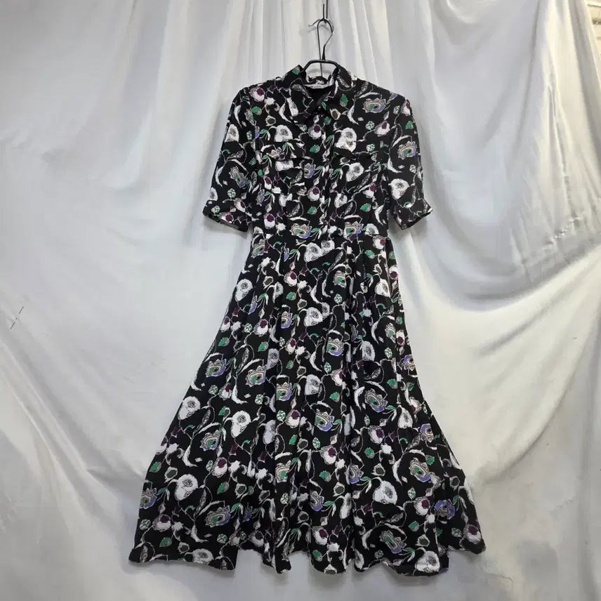 [BUNJANG] Chiffon Flower Pattern 5-Sleeve Long Dress / 쉬폰 플라워 패턴 5부롱 원피스55-반