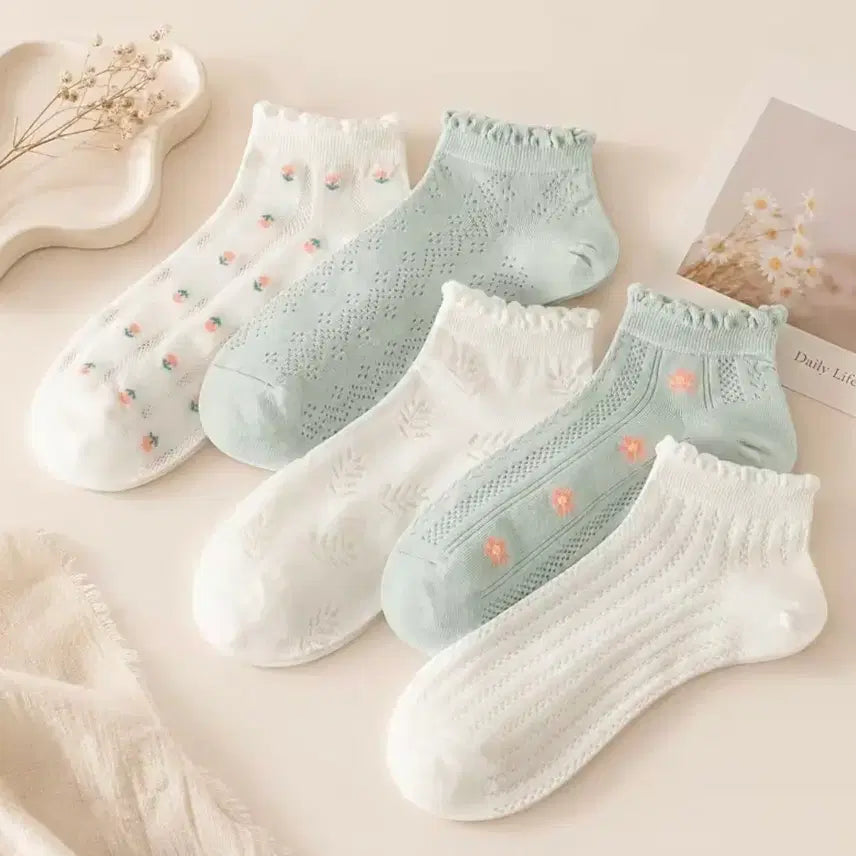[BUNJANG] Floral Ankle Socks 10-Pair Set / 발목 양말 꽃무늬 10켤레 세트