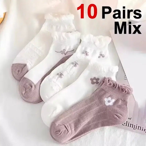 [BUNJANG] Women's Floral Ankle Socks - 10 Pairs / 여성 발목 양말 꽃무늬 10켤레