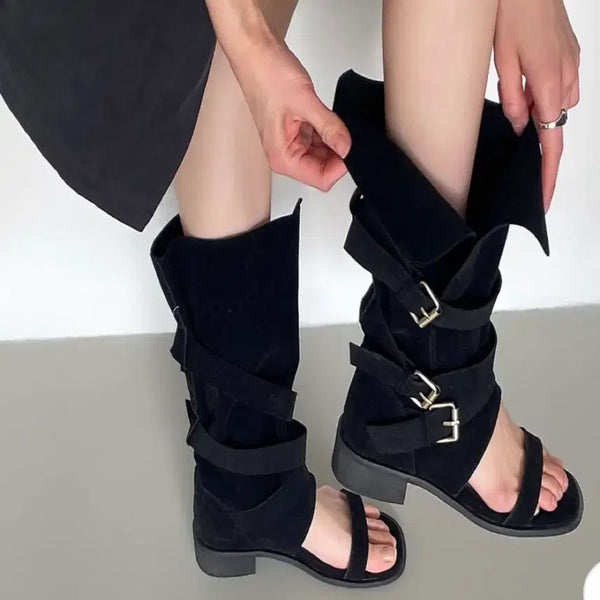 [BUNJANG] Uderblin Black Suede Zigzag Strap Open-Toe Ankle Boots / 블랙 스웨이드 버클 스트랩 샌 유더블린 지그재그
