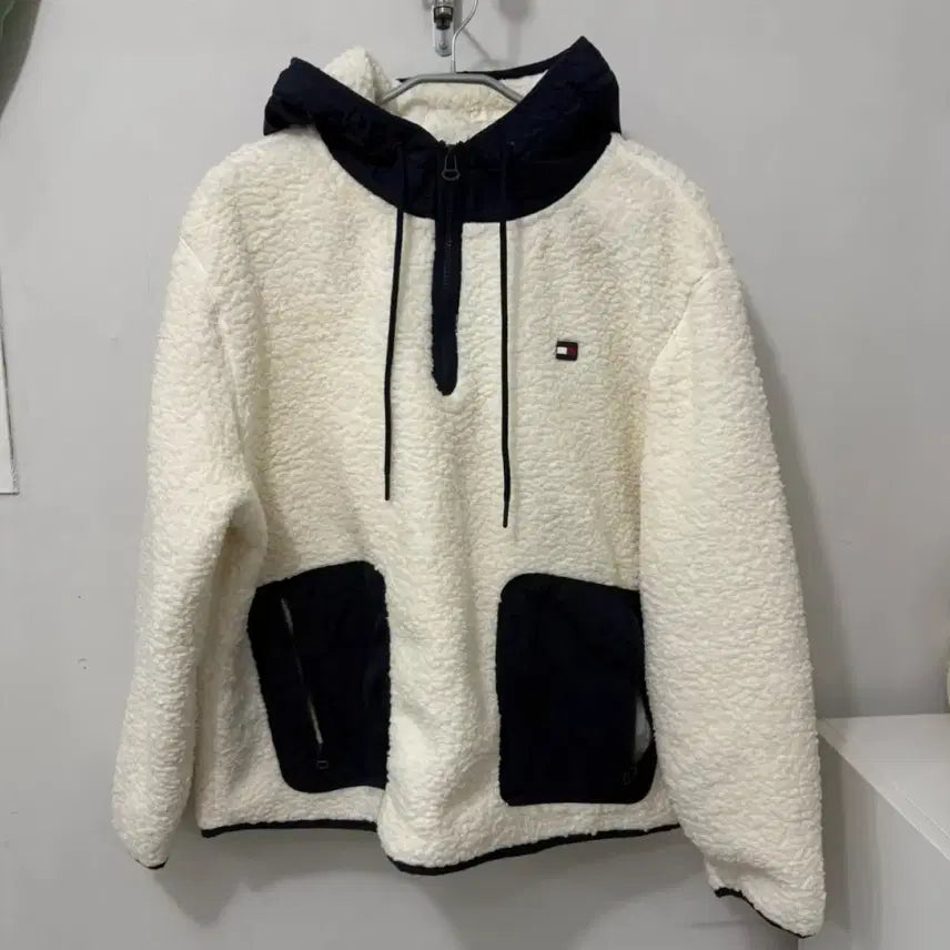 [BUNJANG] Tommy Hilfiger Ivory Fleece Half-Zip Hoodie / 타미힐피거 플리스 후드 반집업 아이보리