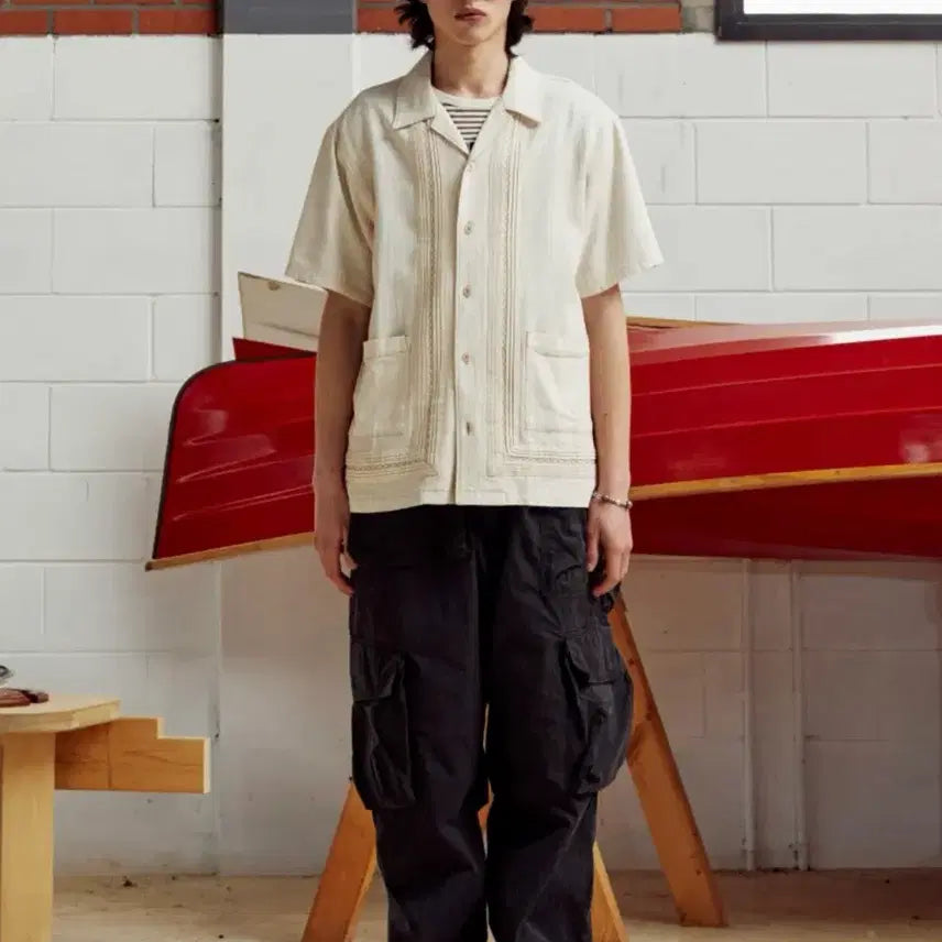 [BUNJANG] Penfield Guayabera Open Collar Linen Short Sleeve Shirt - Ivory / 펜필드구아야베라 오픈카라 린넨 반팔 셔츠 아이보리_FS2WR10U
