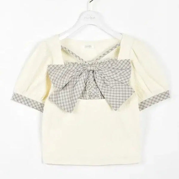 [BUNJANG] Evelyn Ribbed Short-Sleeve T-Shirt / 에블린 evelyn 전면 리본 골지 반팔 티셔츠 스나계