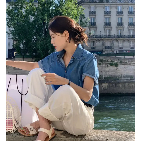 [BUNJANG] Under Bee Own Half Denim Shirt Medium Blue / 언더비 own 하프데님셔츠 중청