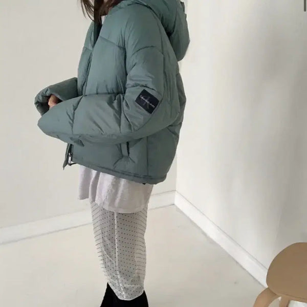 [BUNJANG] Calvin Klein Hooded Short Puffer Jacket Emerald Green / 캘빈클라인 후드 숏패딩 에메랄드 그린