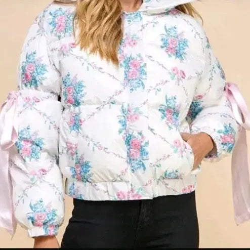 [BUNJANG] Floral Pattern Quilting Puffer Jacket (Size L) / 플로럴 패턴 퀼팅 푸퍼 재킷 수입L