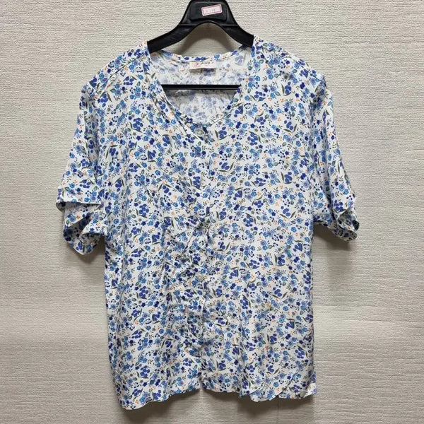 [BUNJANG] Women's Short Sleeve Blouse - White with Blue Floral Print / z144 인견 반팔 블라우스