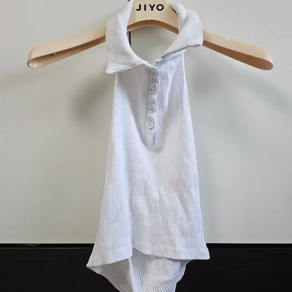 [BUNJANG] White Ribbed Knit Halterneck Tank Top / 화이트 골지 니트 홀터넥 나시