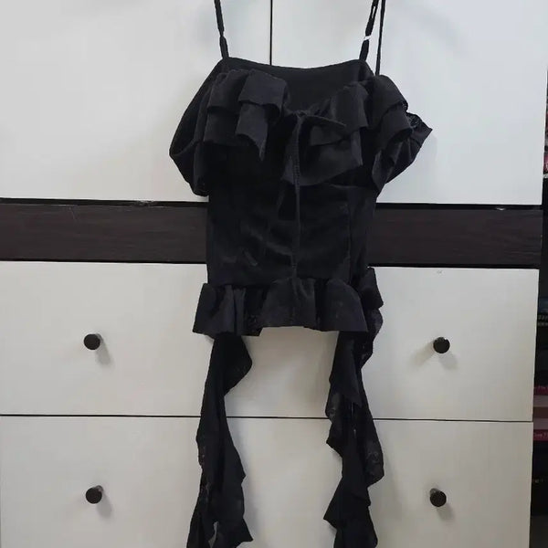 [BUNJANG] Black Frill Lace Flower Ribbon Built-in Cup Camisole / 블랙 프릴 레이스 플라워 리본 캡내장 나시 (새옷)